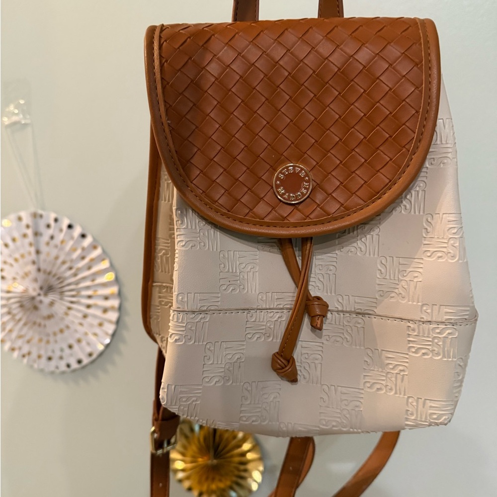 Cream and Tan Backpack with Woven Flap